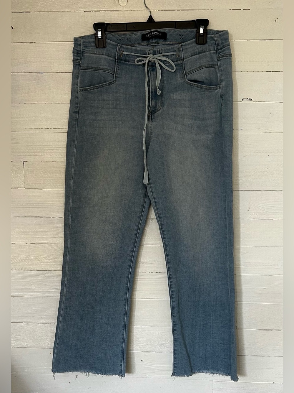Liverpool Light Blue Flare crop. Drawstring Jeans, size 12/31. Raw hem.